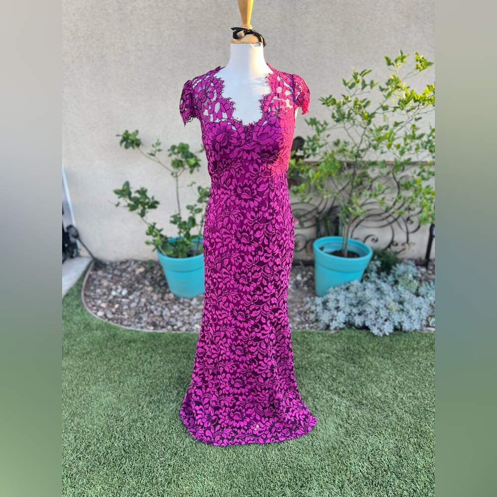 Eliza J Magenta Floral Scalloped-Edge Lace Gown Wedding -